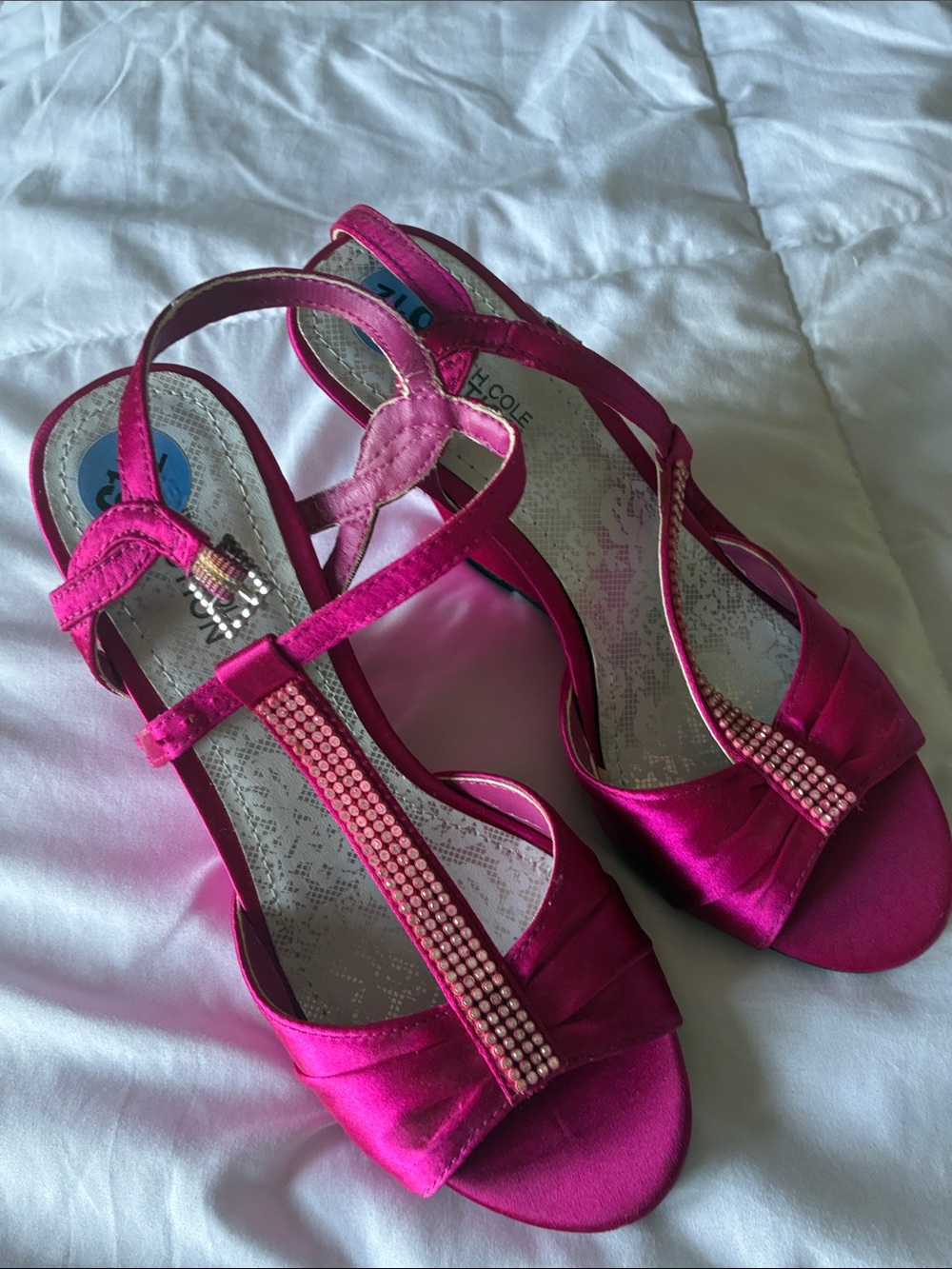 Kenneth Cole Hot Pink Satin T-Strap Rhinestone Heels
